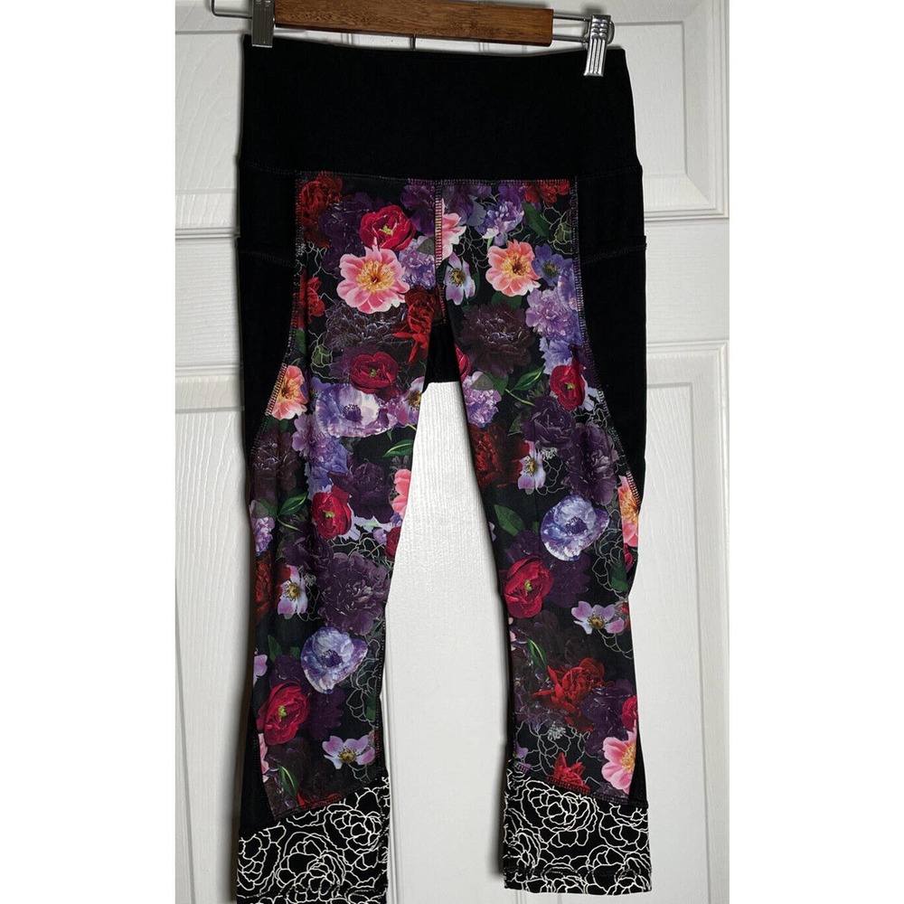 RBX Floral Black Legging Capri Mid Ride Vented Mesh S Small Workout Yoga Running